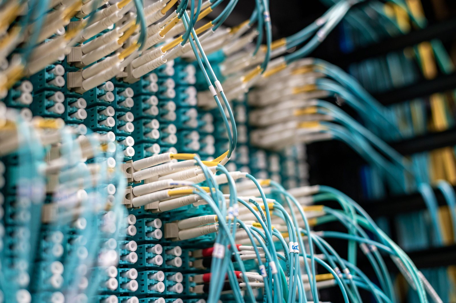Cabos azuis conectados a conectores de rede em data center