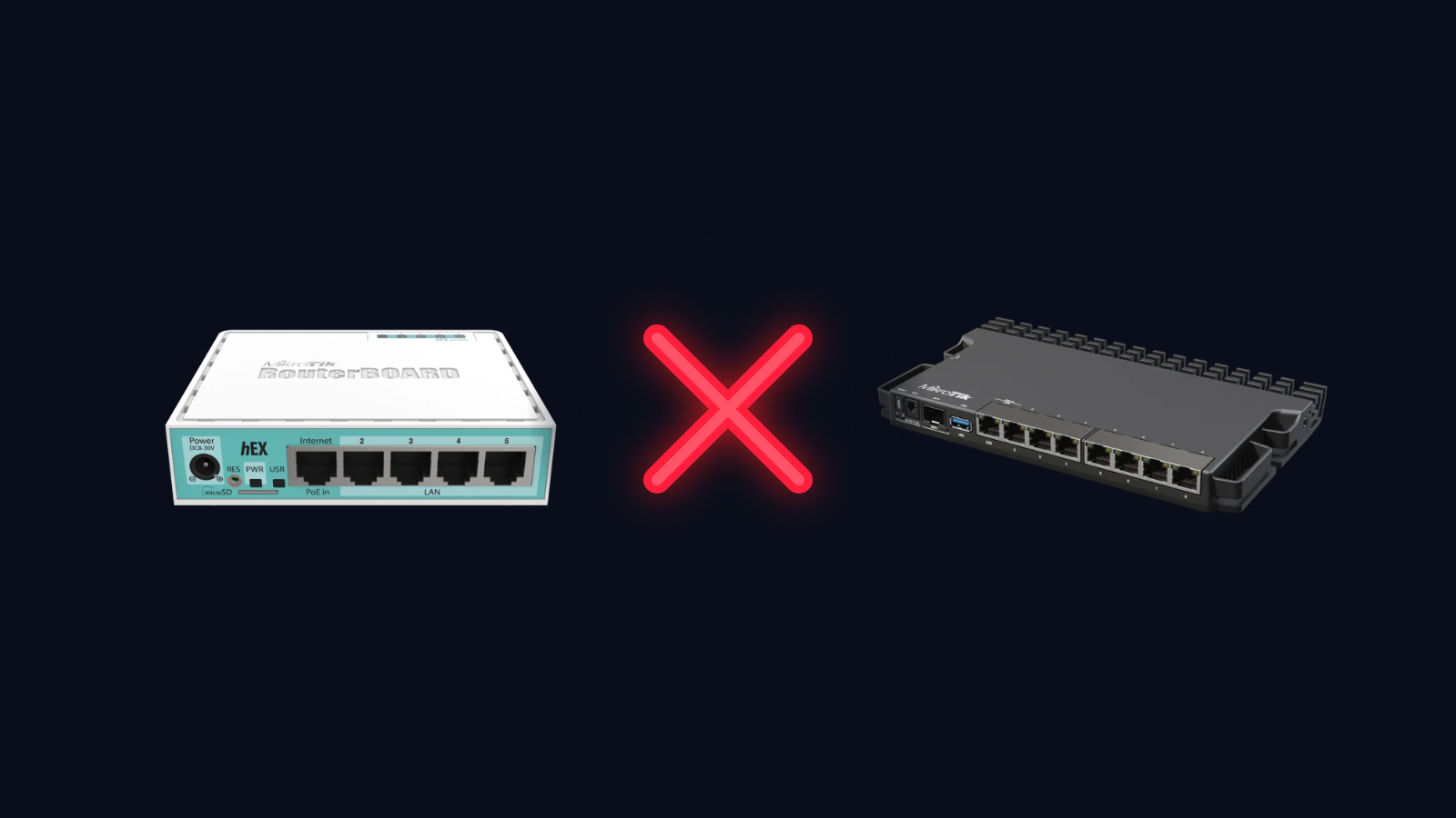 MikroTik hEX e RB5009 lado a lado, comparativo